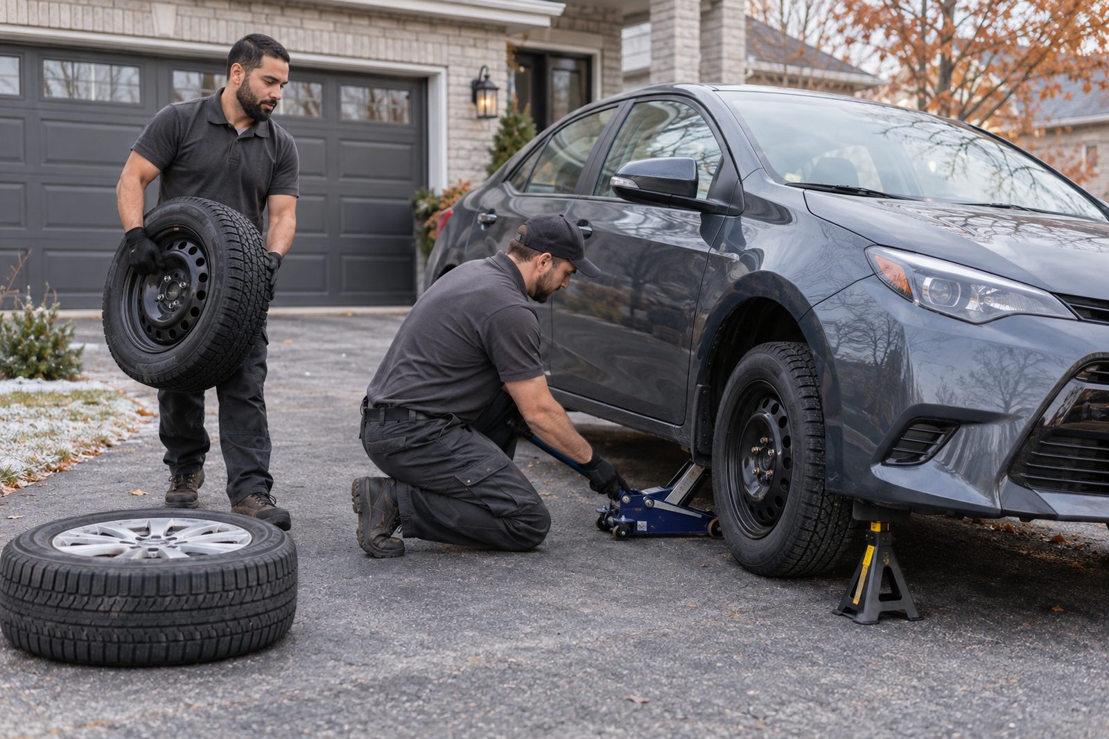 Two workers swapping a complete tire-and-wheel assembly, already mounted on its rim, on a car raised in a residential driveway.