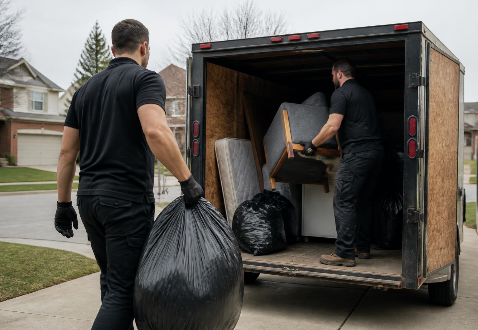 Property-care workers in black work shirts loading a trailer on a residential driveway