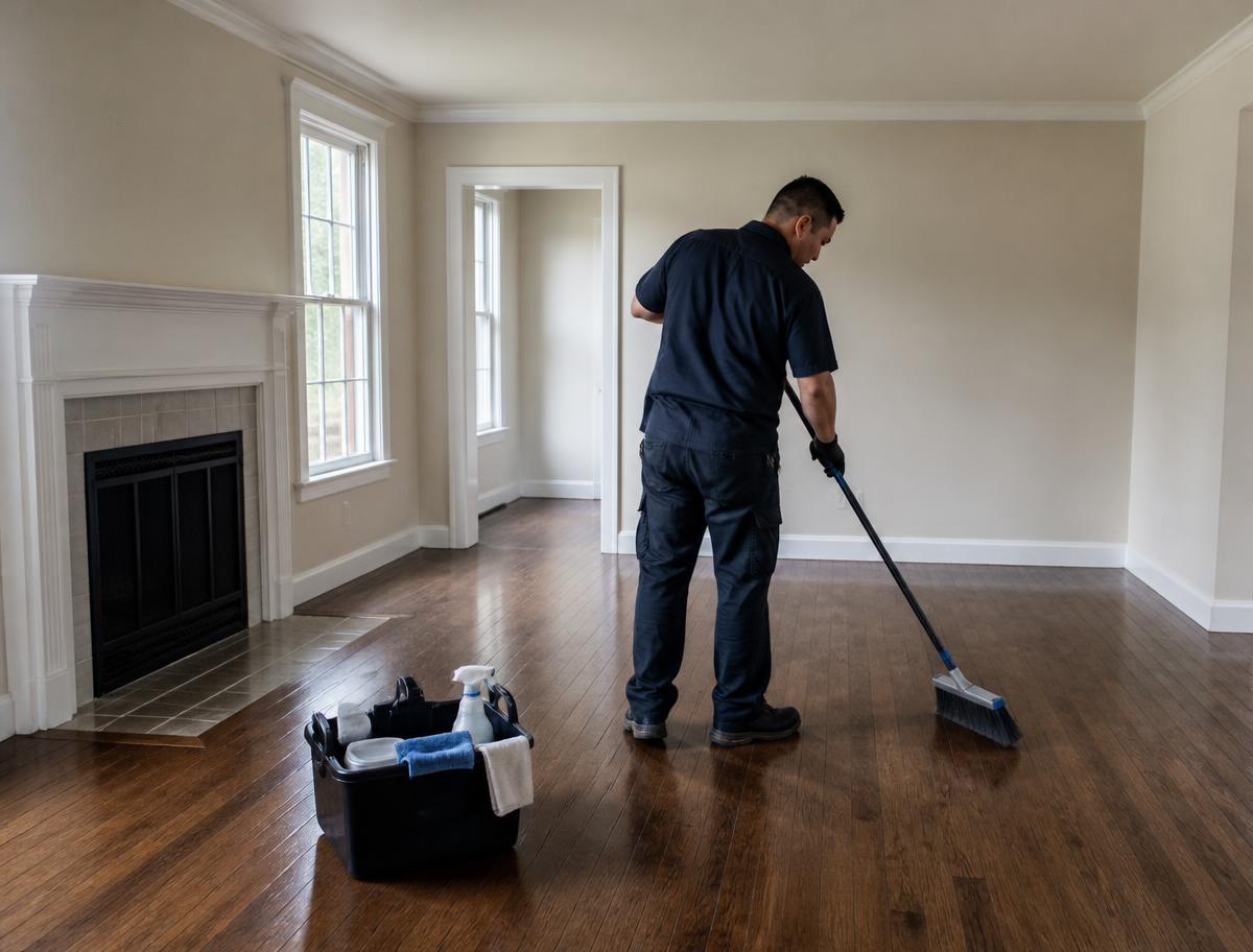 Property-care worker cleaning an empty living room during an interior clean-up