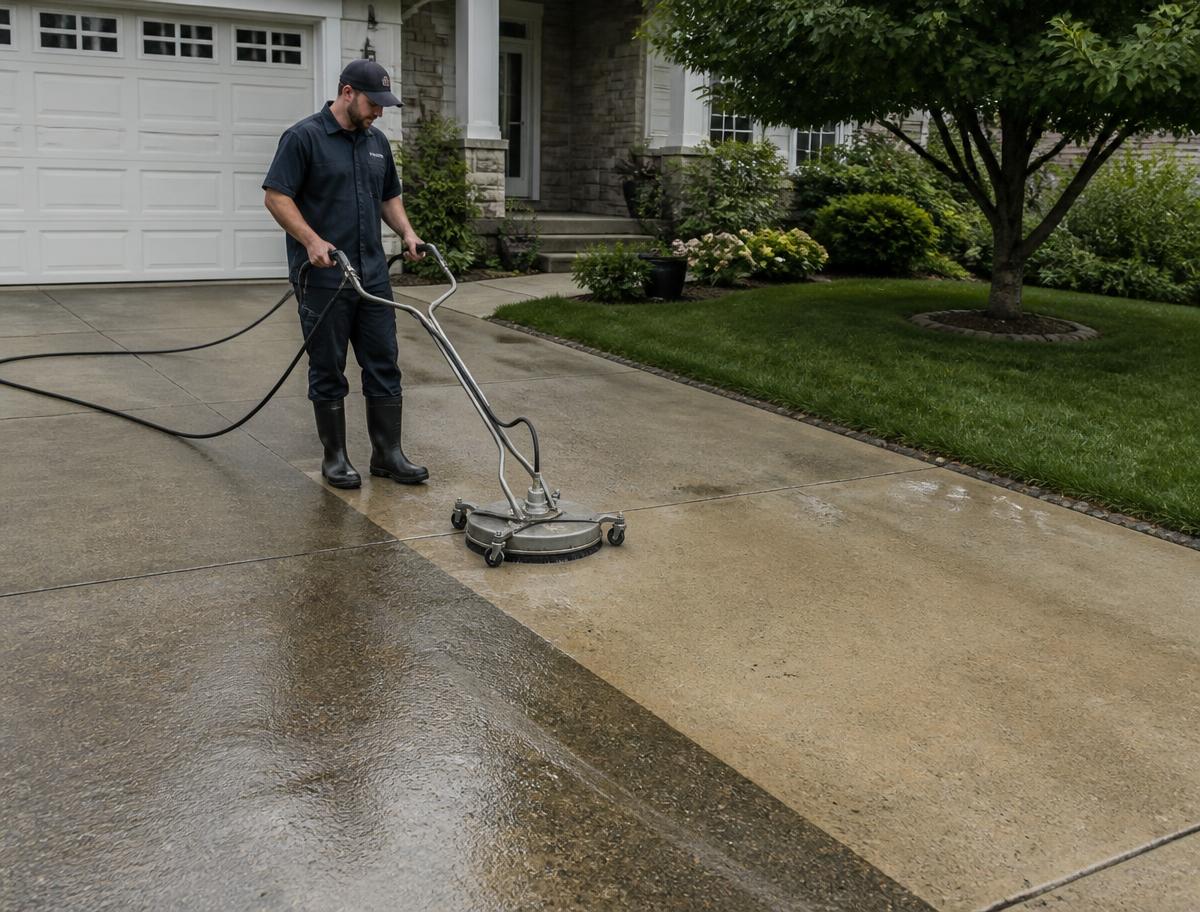 Property-care worker pressure washing a residential concrete driveway in Ottawa